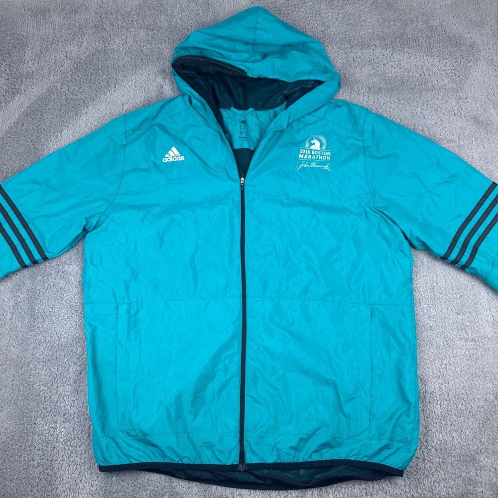Adidas‎ Windbreaker Men Large Teal 2016 Boston Marathon ClimaProof Hooded Jacket